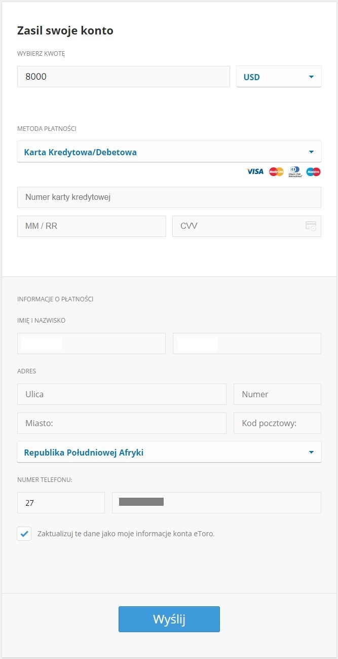 Metody płatności eToro
