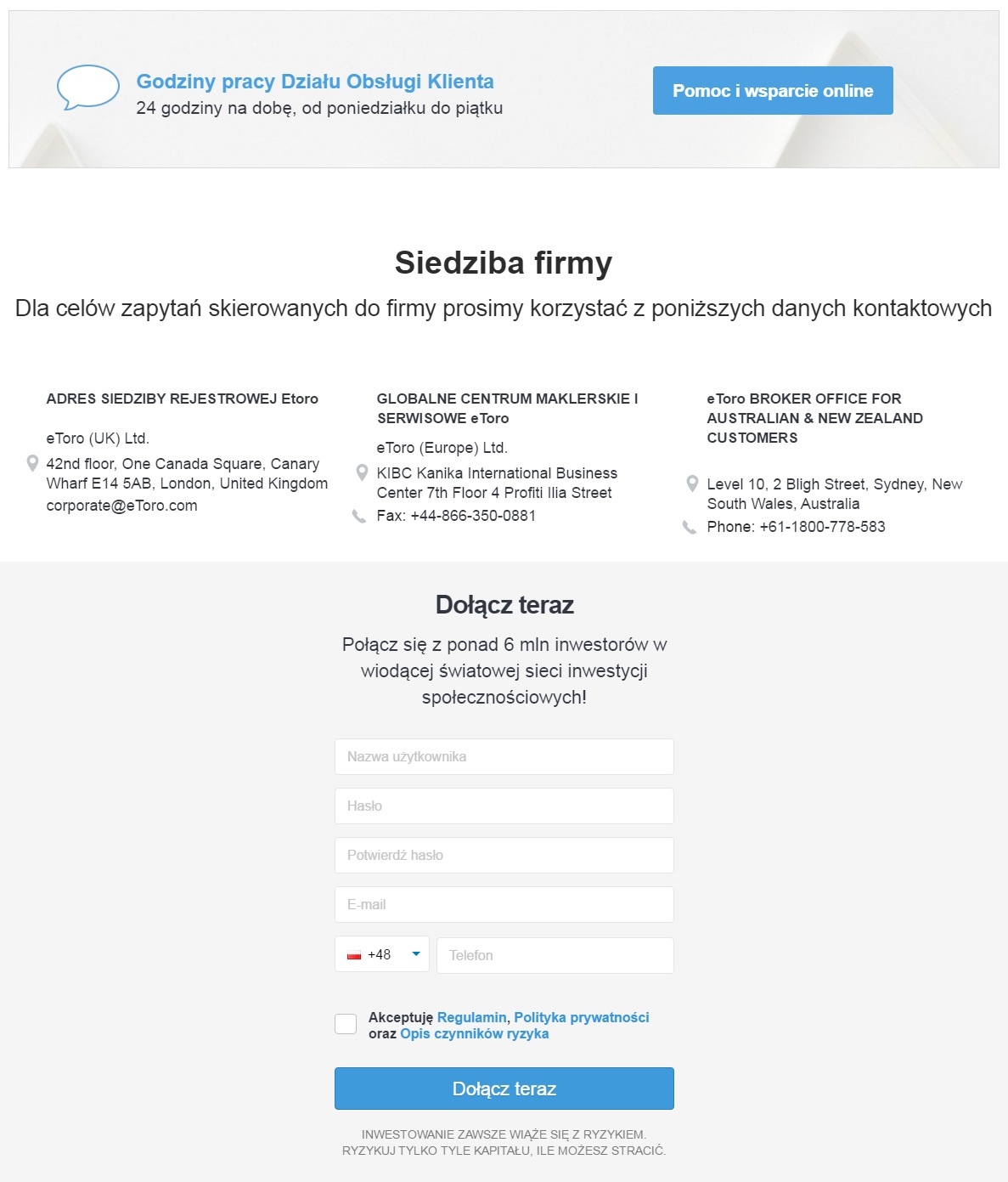 Obsługa klienta eToro