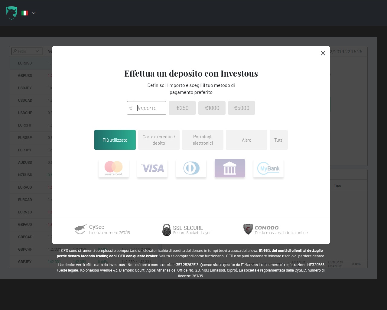 investous Metodi di deposito e prelievo