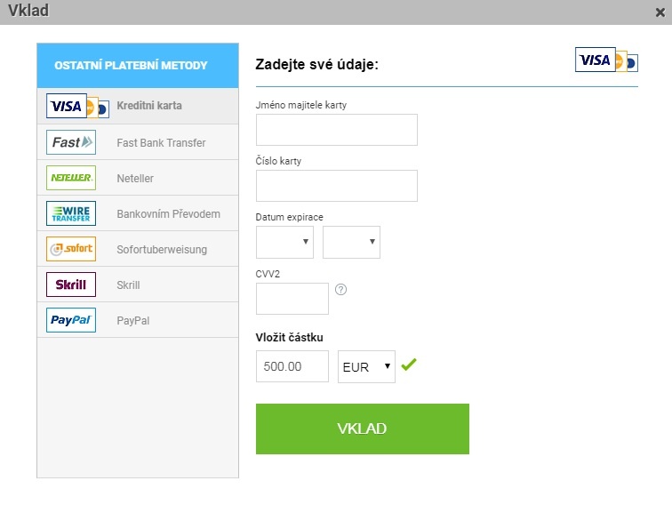 Markets.com platební metody pro vklady a výběry