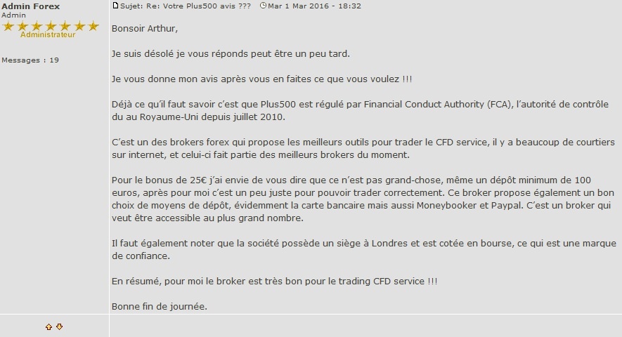 Commentaire utilisateur Plus500