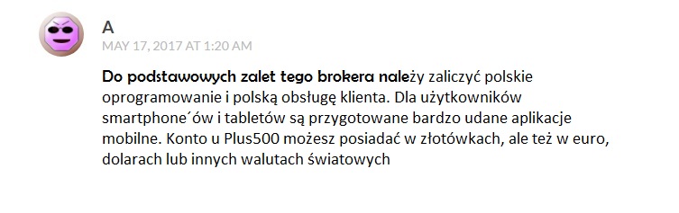 Komentarz klienta Plus500