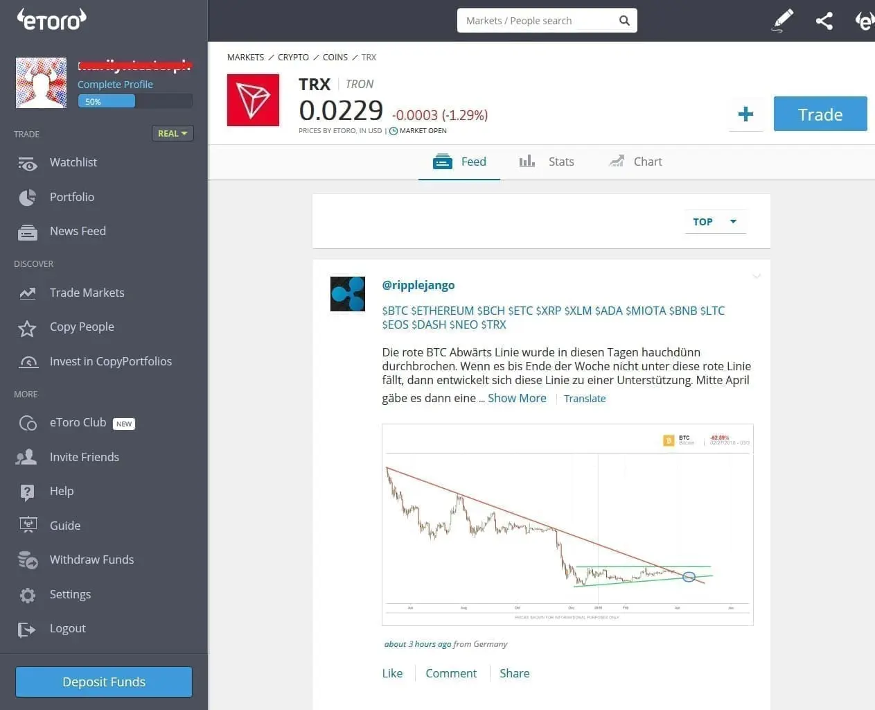 TRON CFDs on the eToro platform