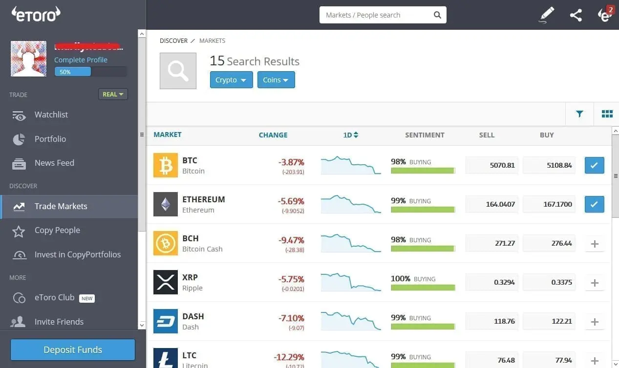 Cryptocurrency CFD trading on eToro