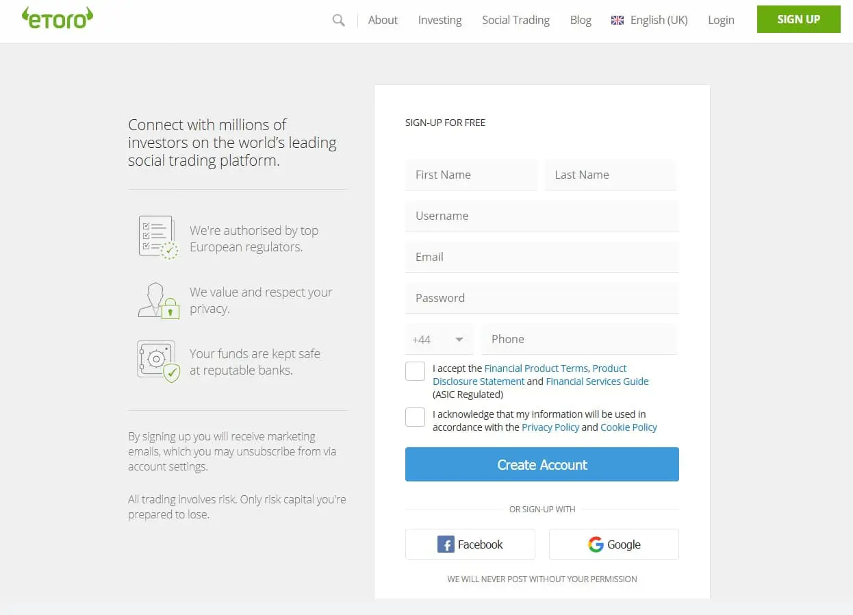 eToro registration page