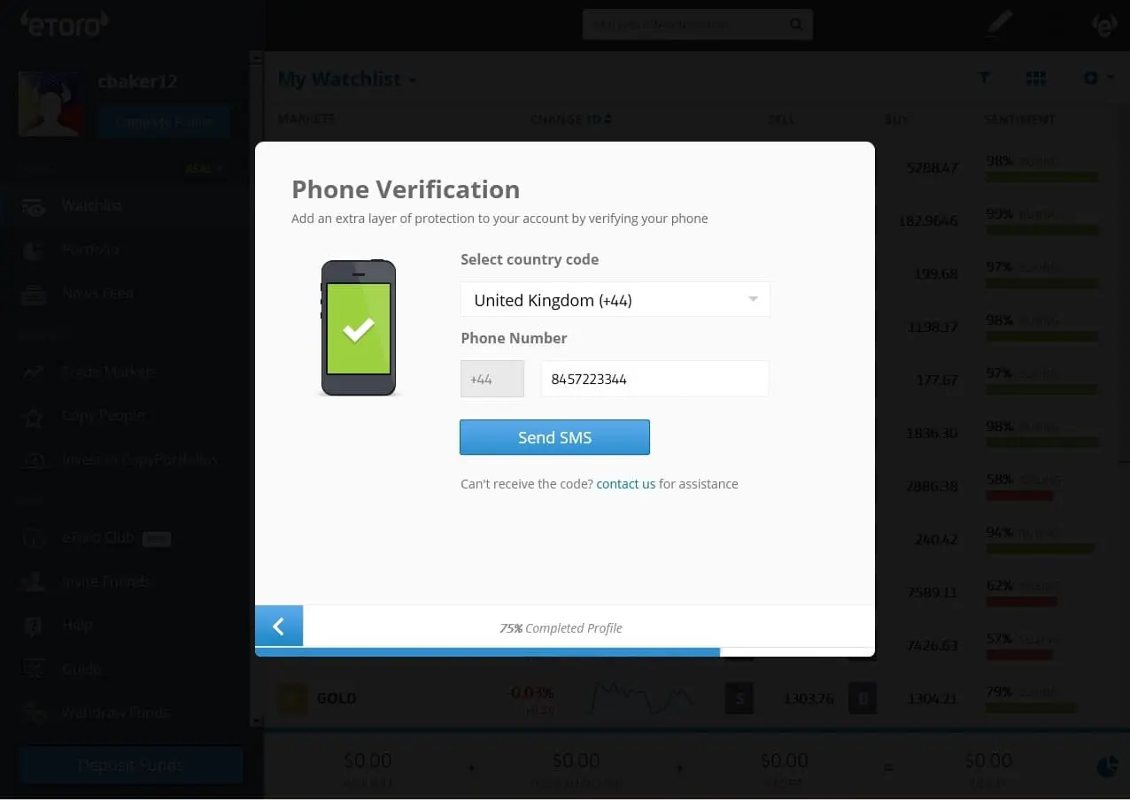 eToro phone verification