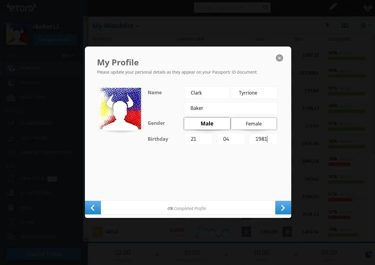 eToro registration details