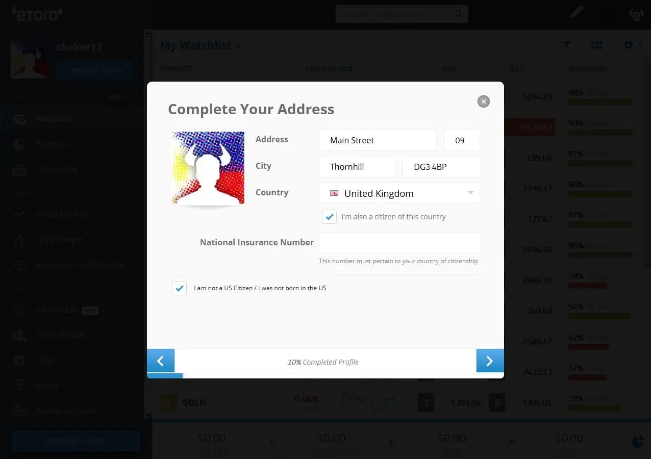 eToro registration - address details