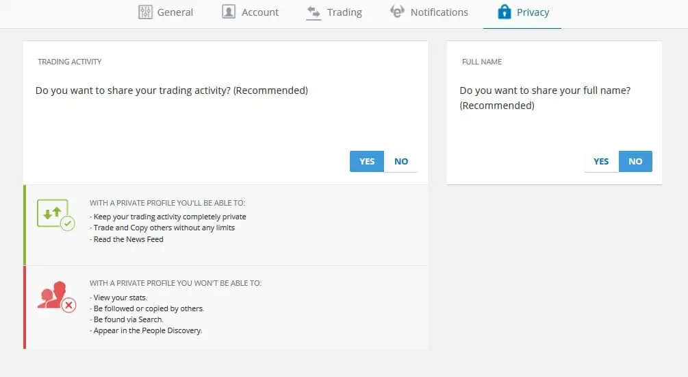 eToro profile privacy settings