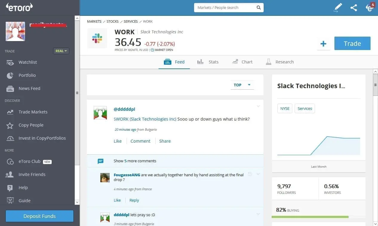 Slack CFDs trading with eToro
