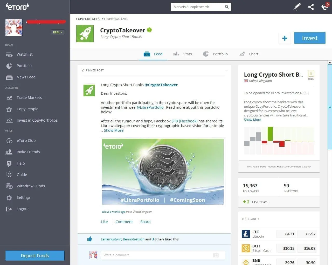 CryptoTakeover CopyPortfolio on eToro's platform