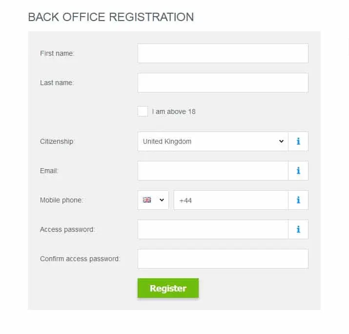 JustForex registration page