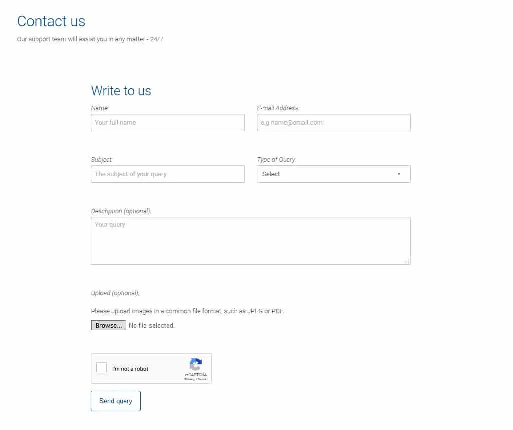 Formulario de contacto por correo electrónico Plus500