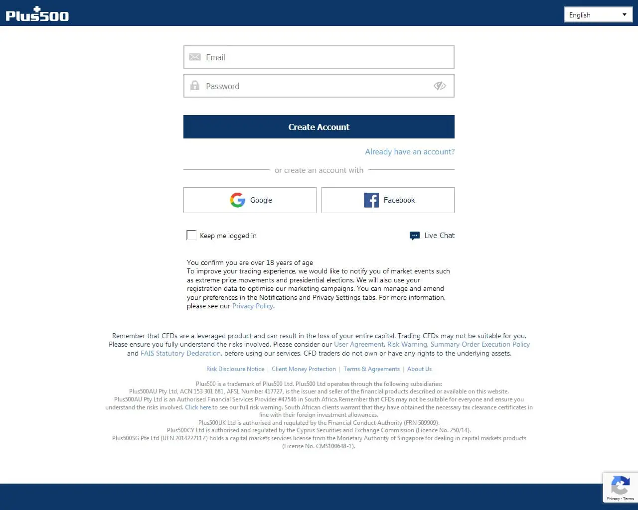 Página de registro de Plus500