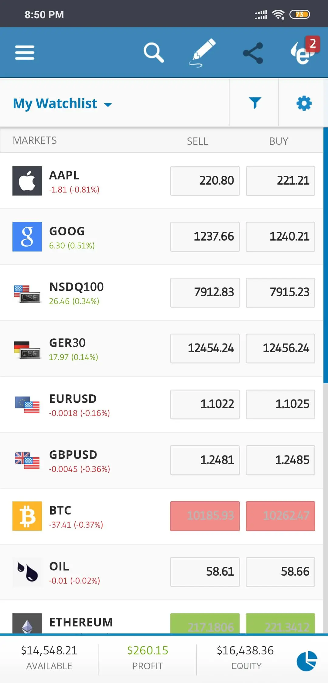 eToro Android mobile app
