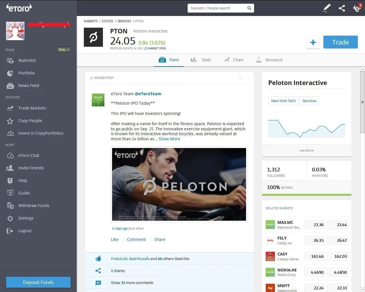 Peloton stock CFDs on eToro's platform
