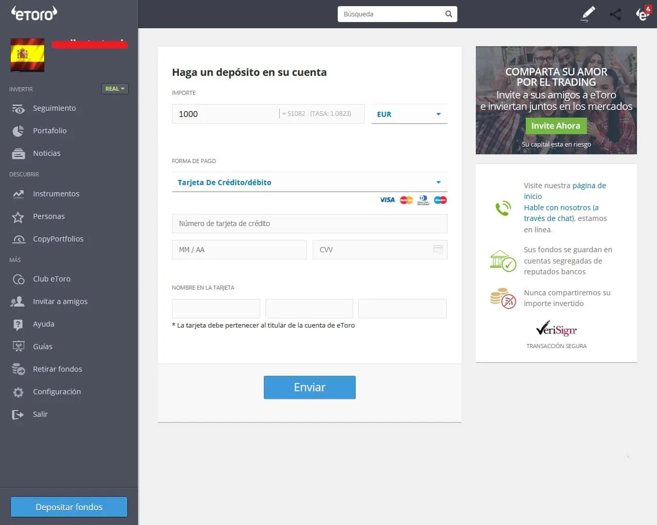 Página de depósito de eToro