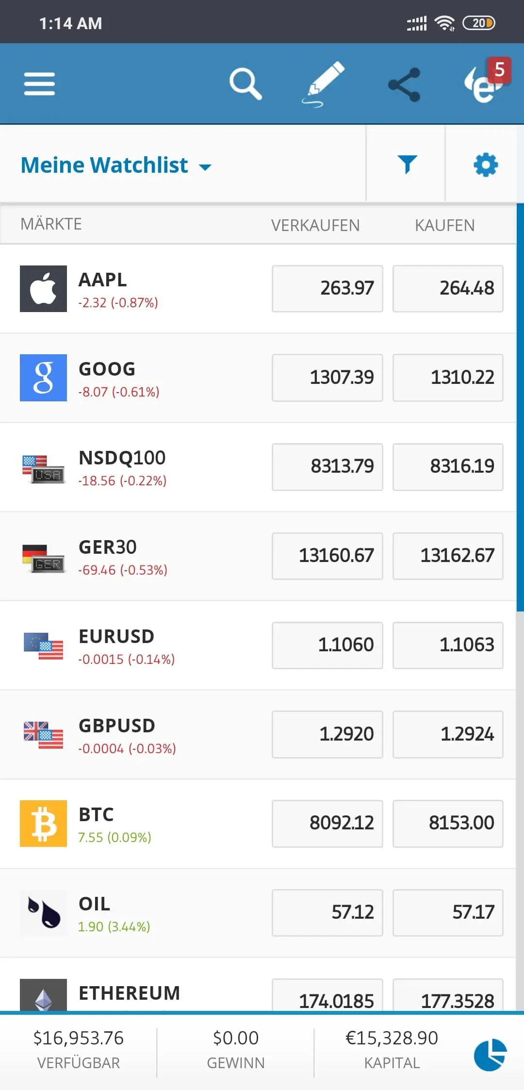 eToro Android mobile app