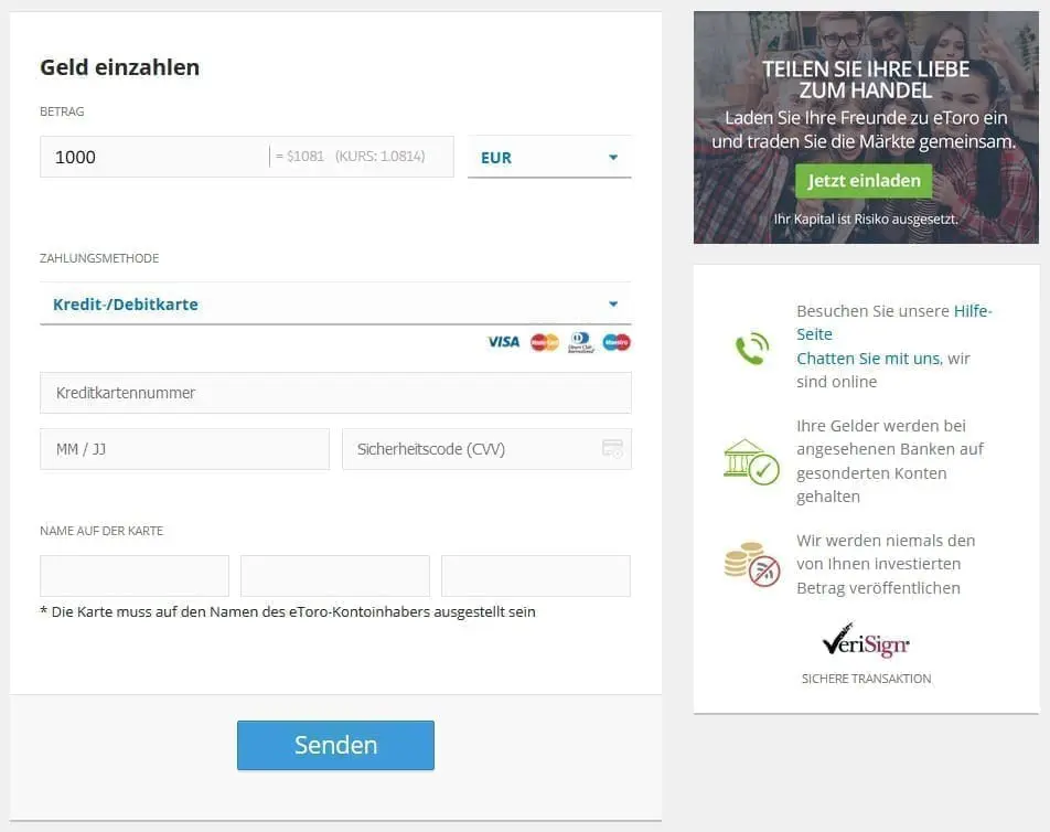 eToro Einzahlungsseite
