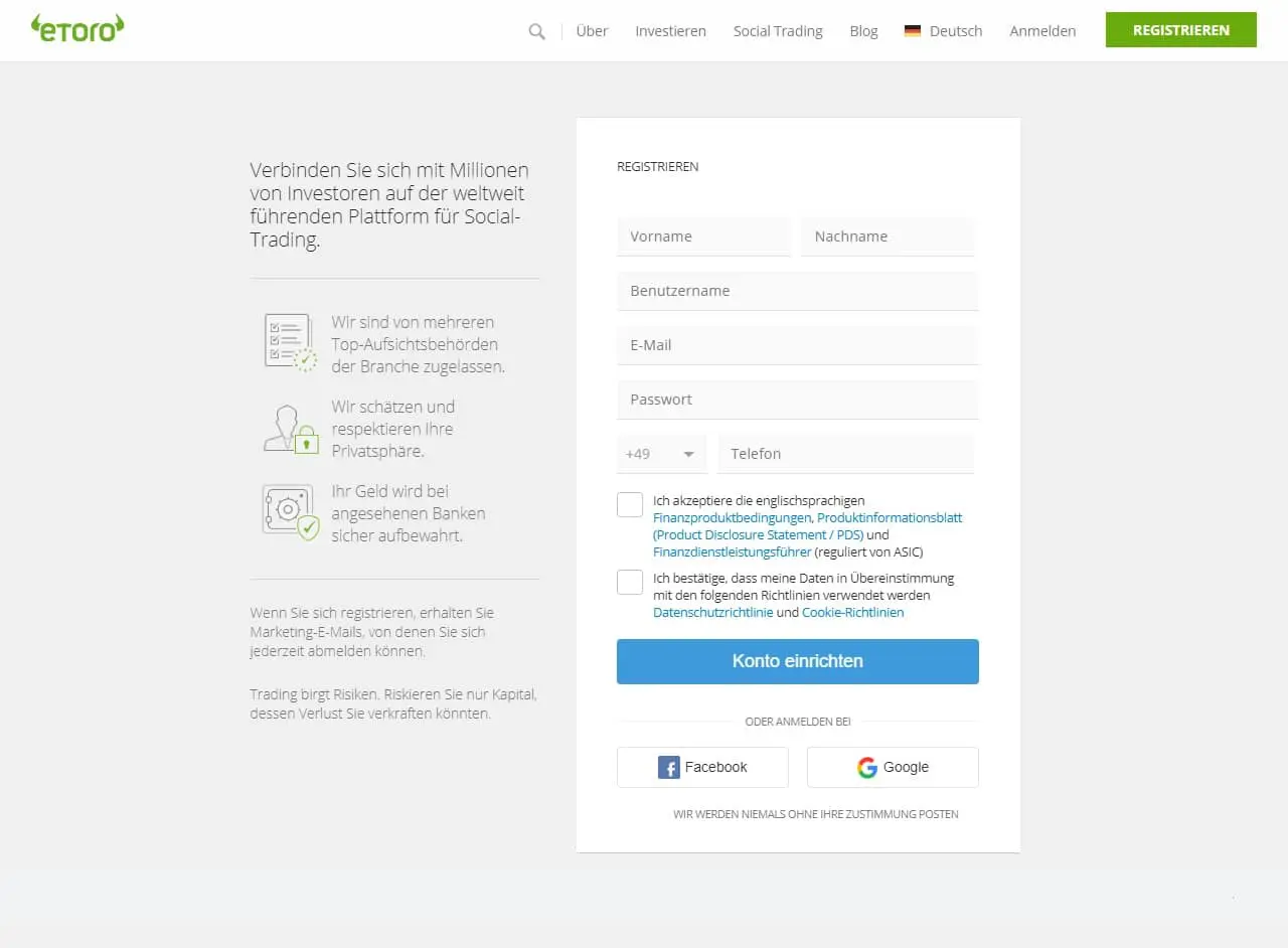 eToro Registrierungsseite