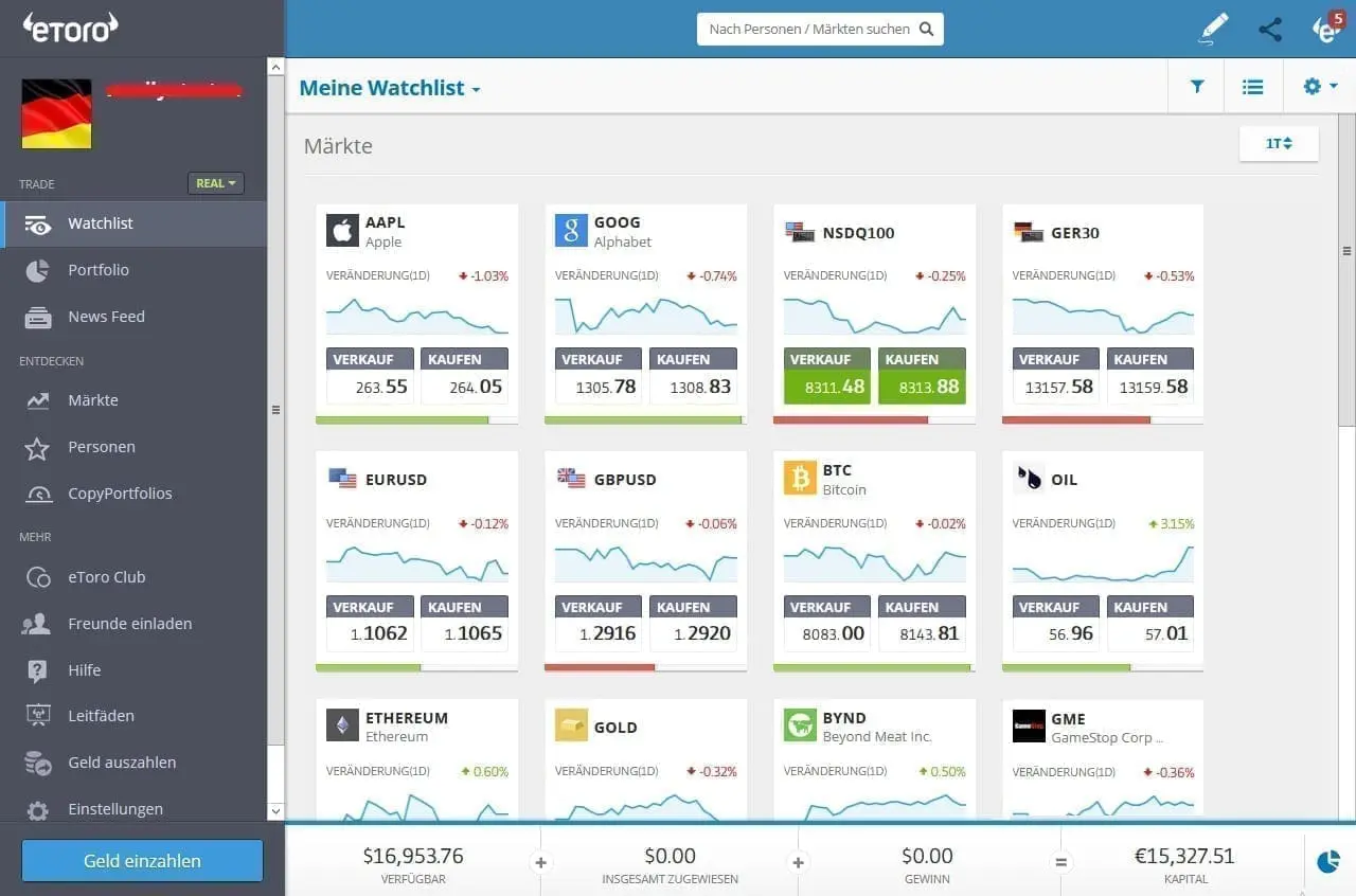 eToro webbasierte Plattform