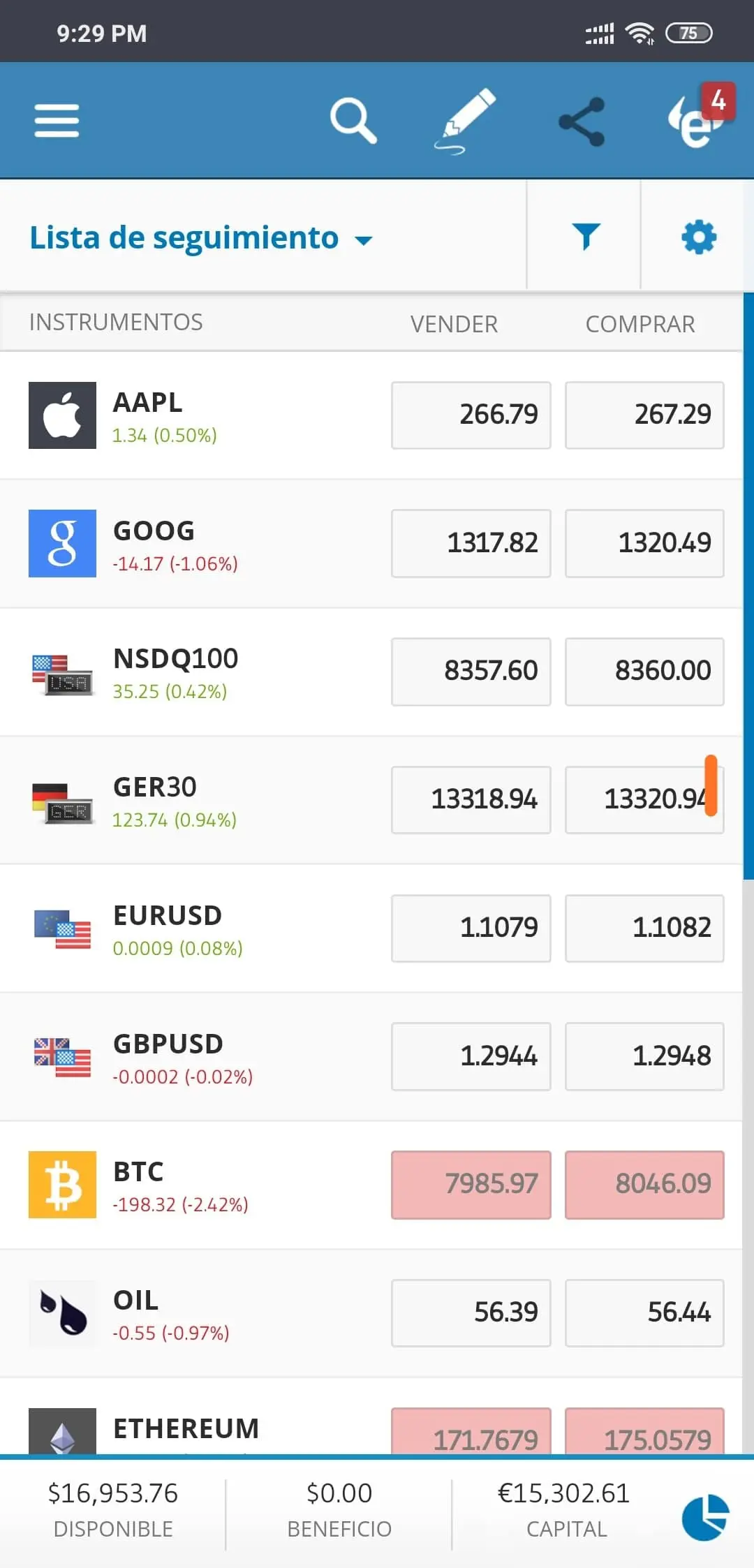 Aplicación móvil Android eToro