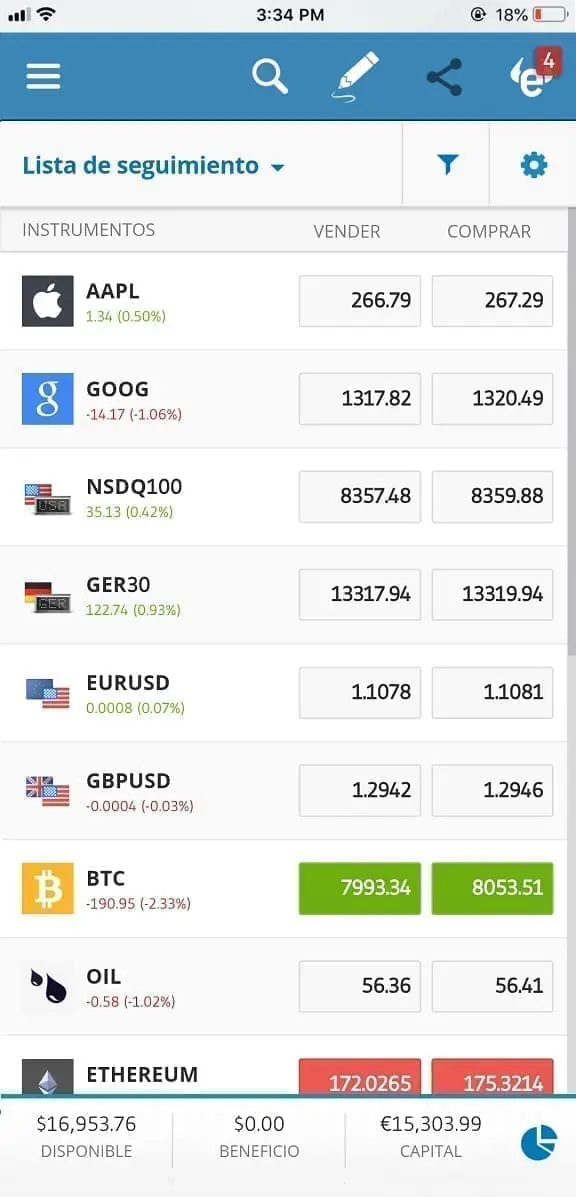 Aplicación móvil eToro iOS para iPhone y iPad