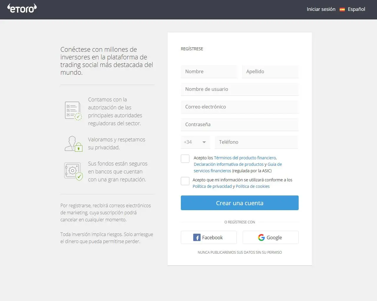 Página de registro de eToro
