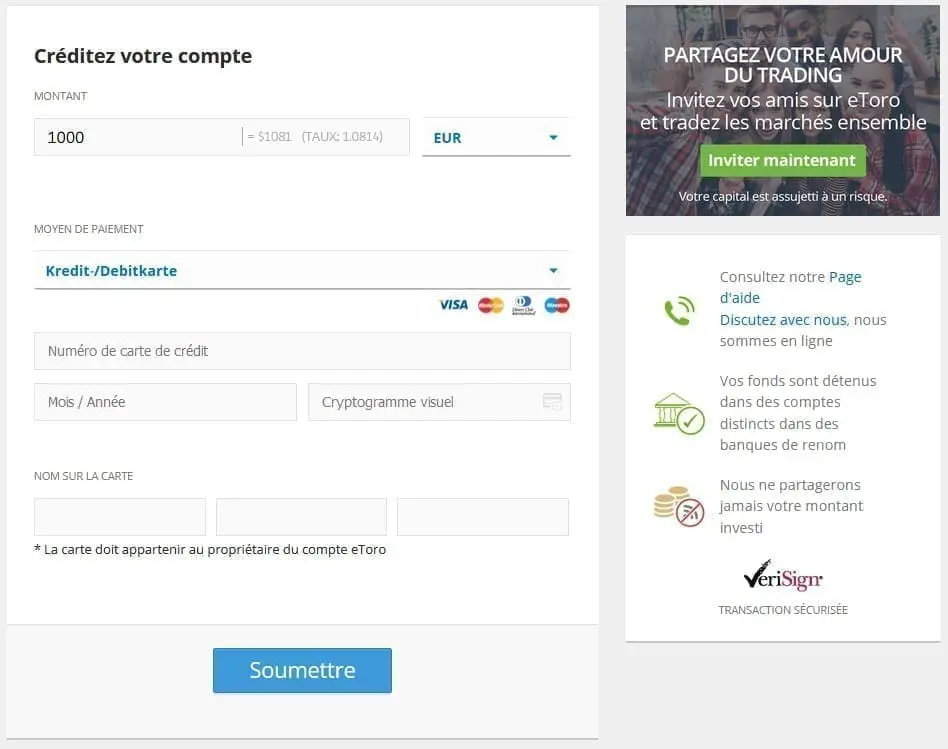 Page de dépôt eToro