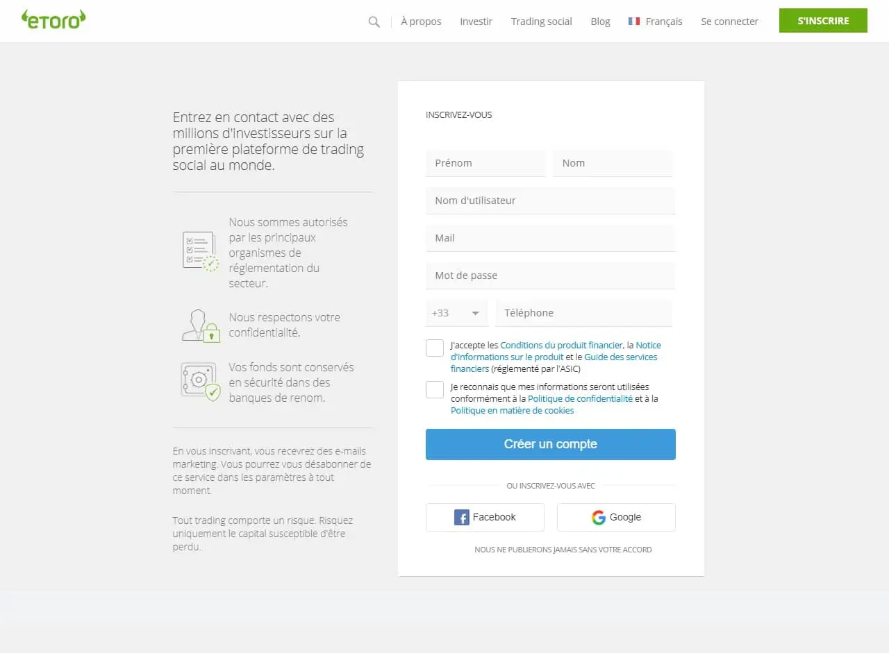 Page d'inscription eToro