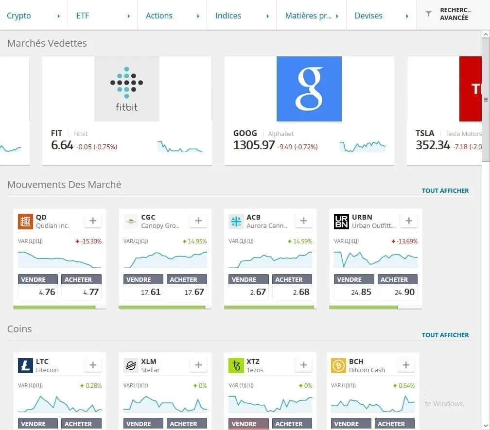 eToro actifs négociables