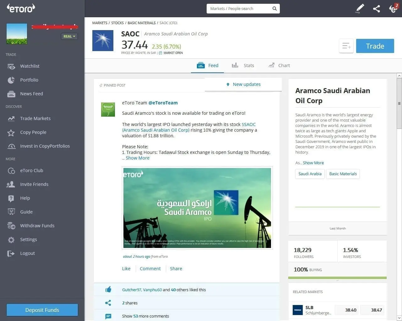 Saudi Aramco stocks on eToro's platform