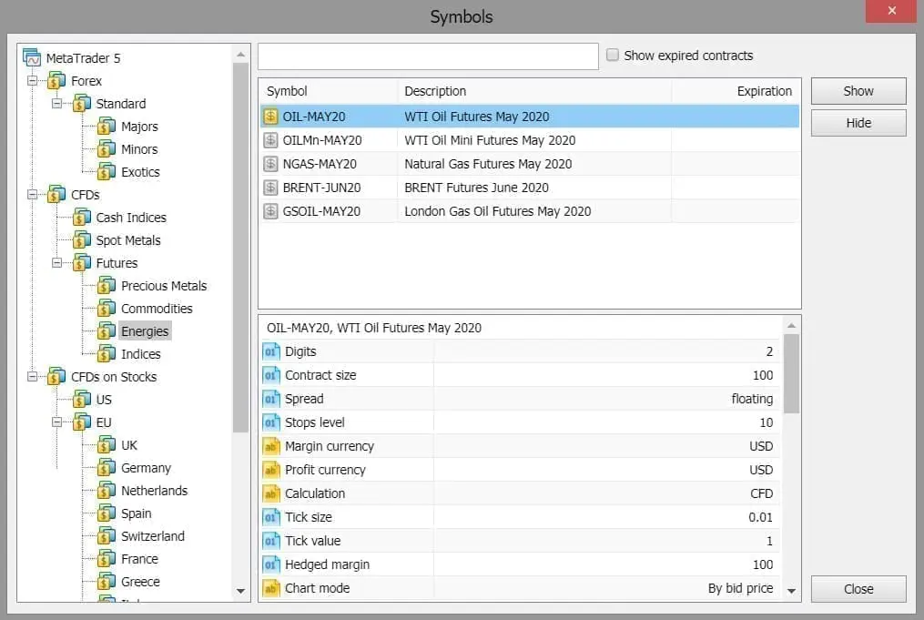 Crude oil on XM's MT5 WebTrader Symbols list
