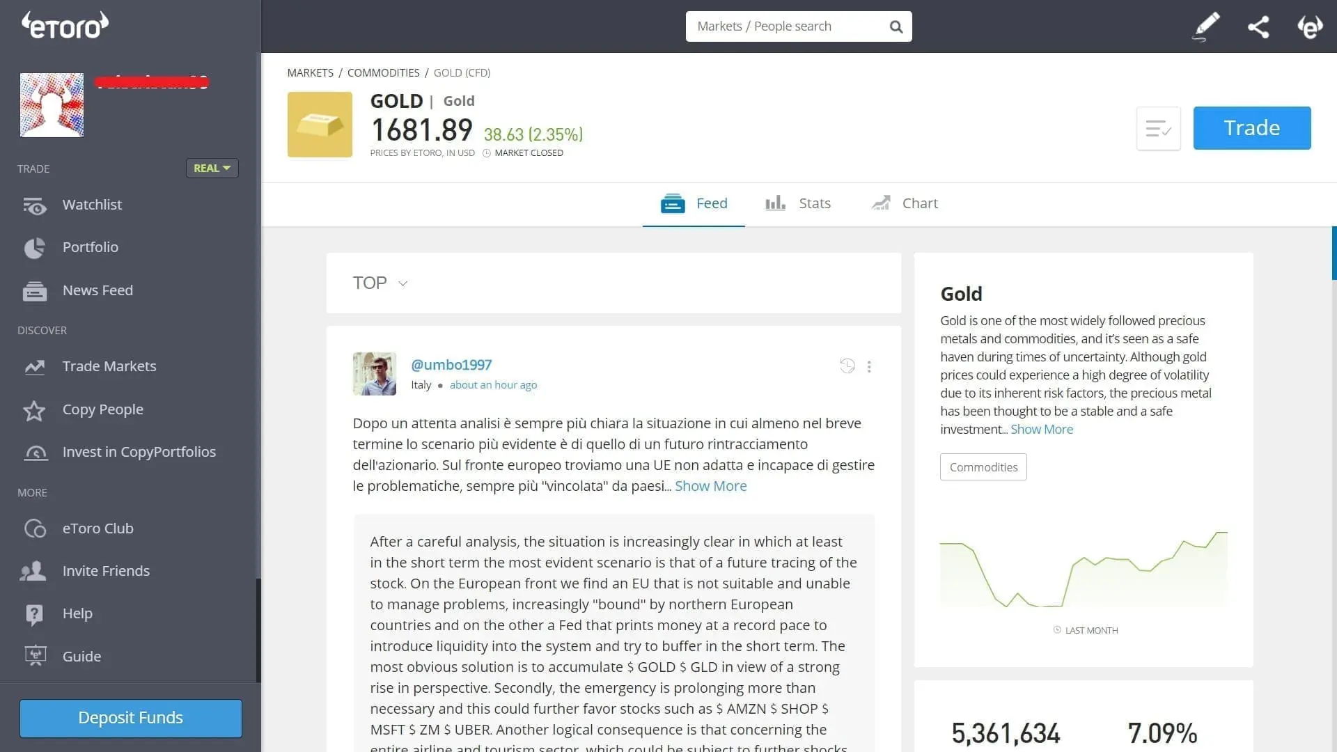 Gold trading on eToro's platform
