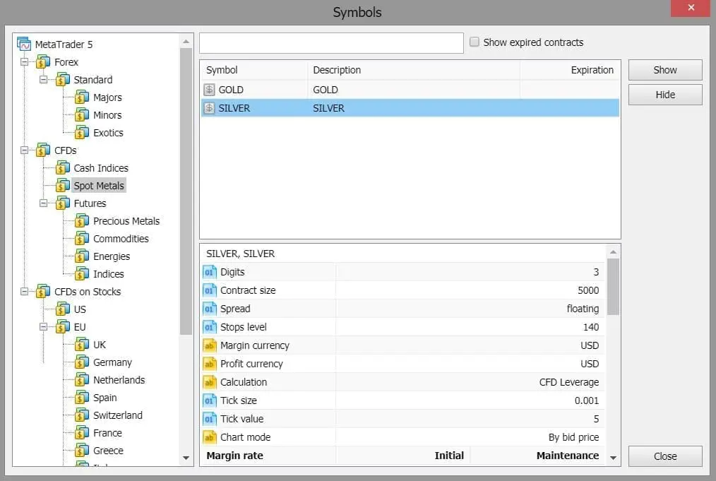 Silver on XM's MT5 WebTrader Symbols list