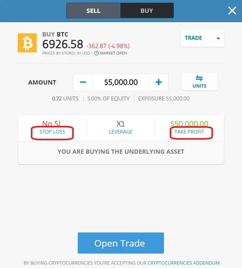 eToro stop loss and take profit features