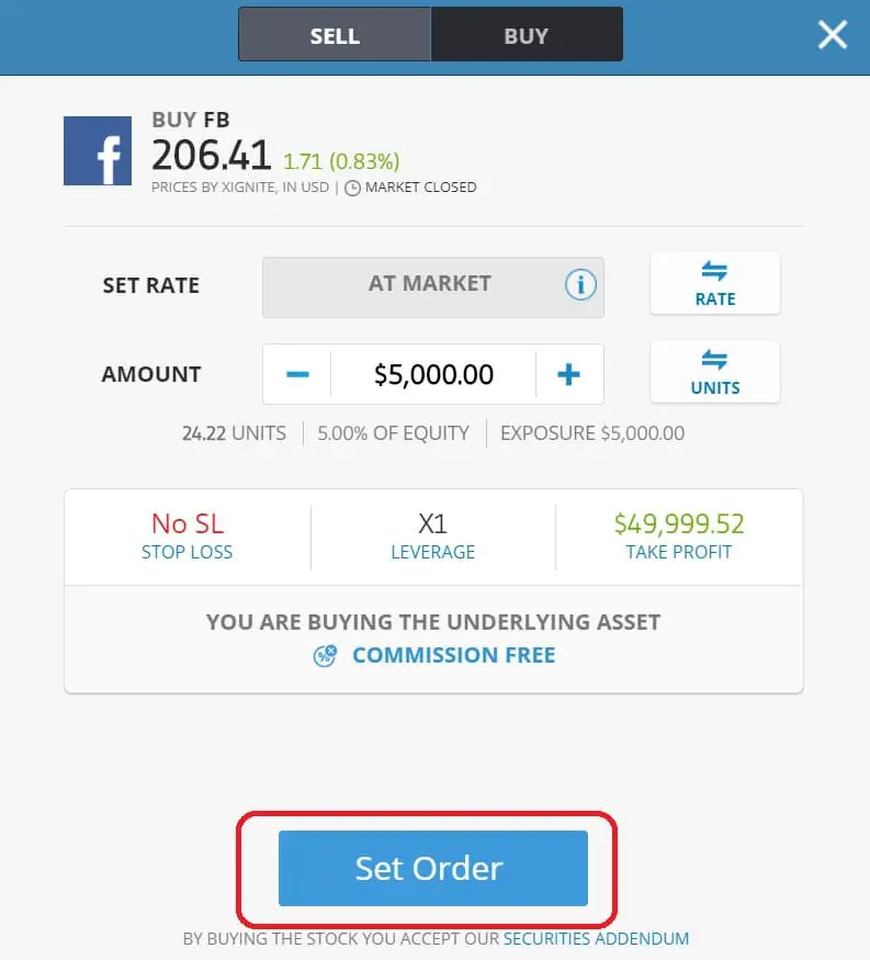 تنفيذ امر شراء سهم فيسبوك على منصة إيتورو
