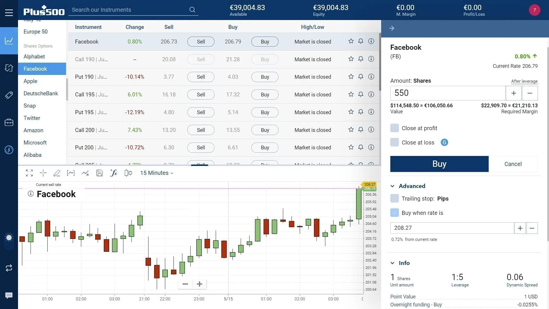Facebook stock trading on Plus500's WebTrader platform