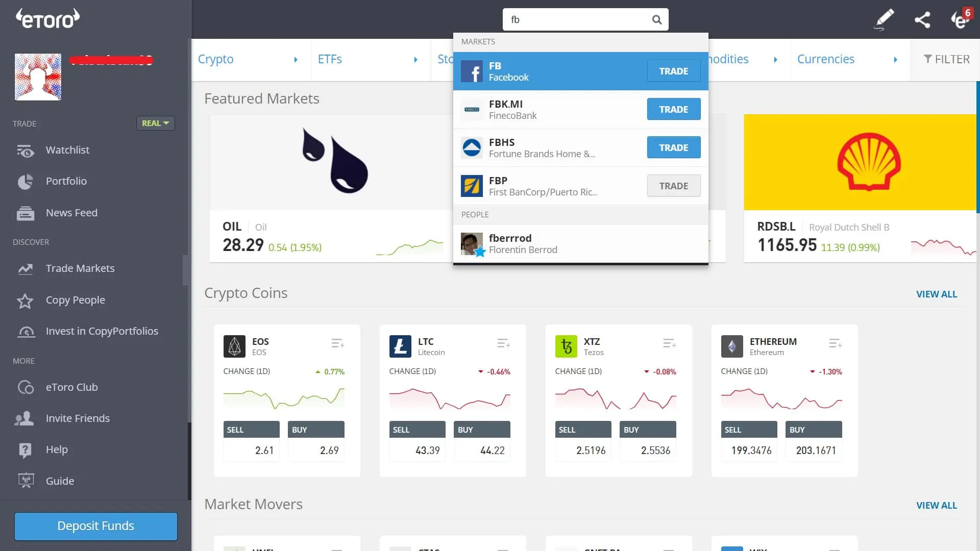 البحث عن أسهم فيسبوك على منصة إيتورو