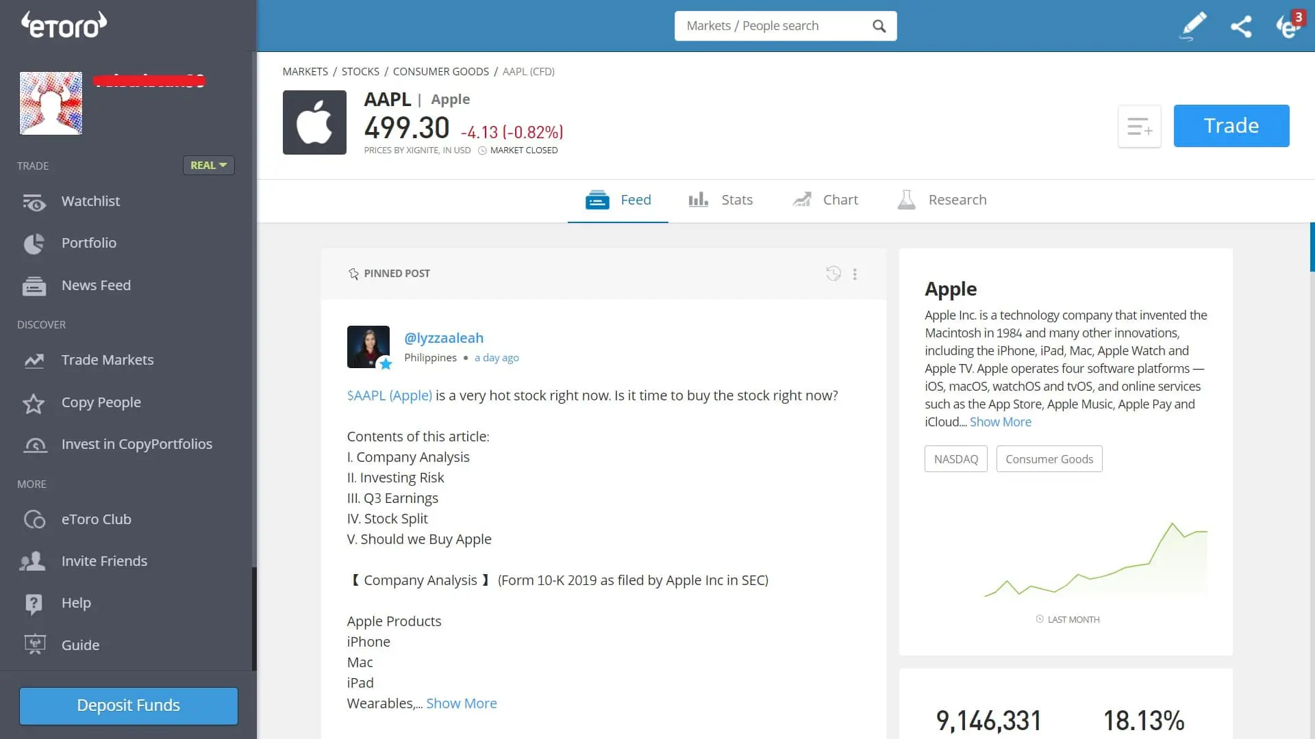 Apple stock trading on eToro's platform
