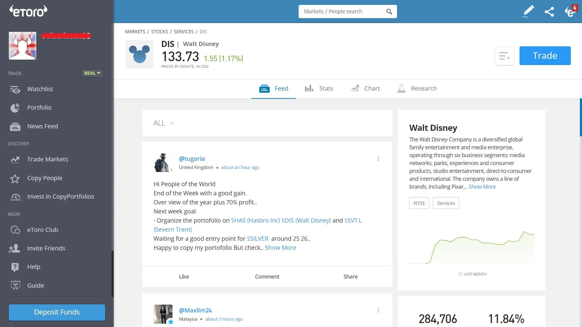 Disney stock trading on eToro's platform