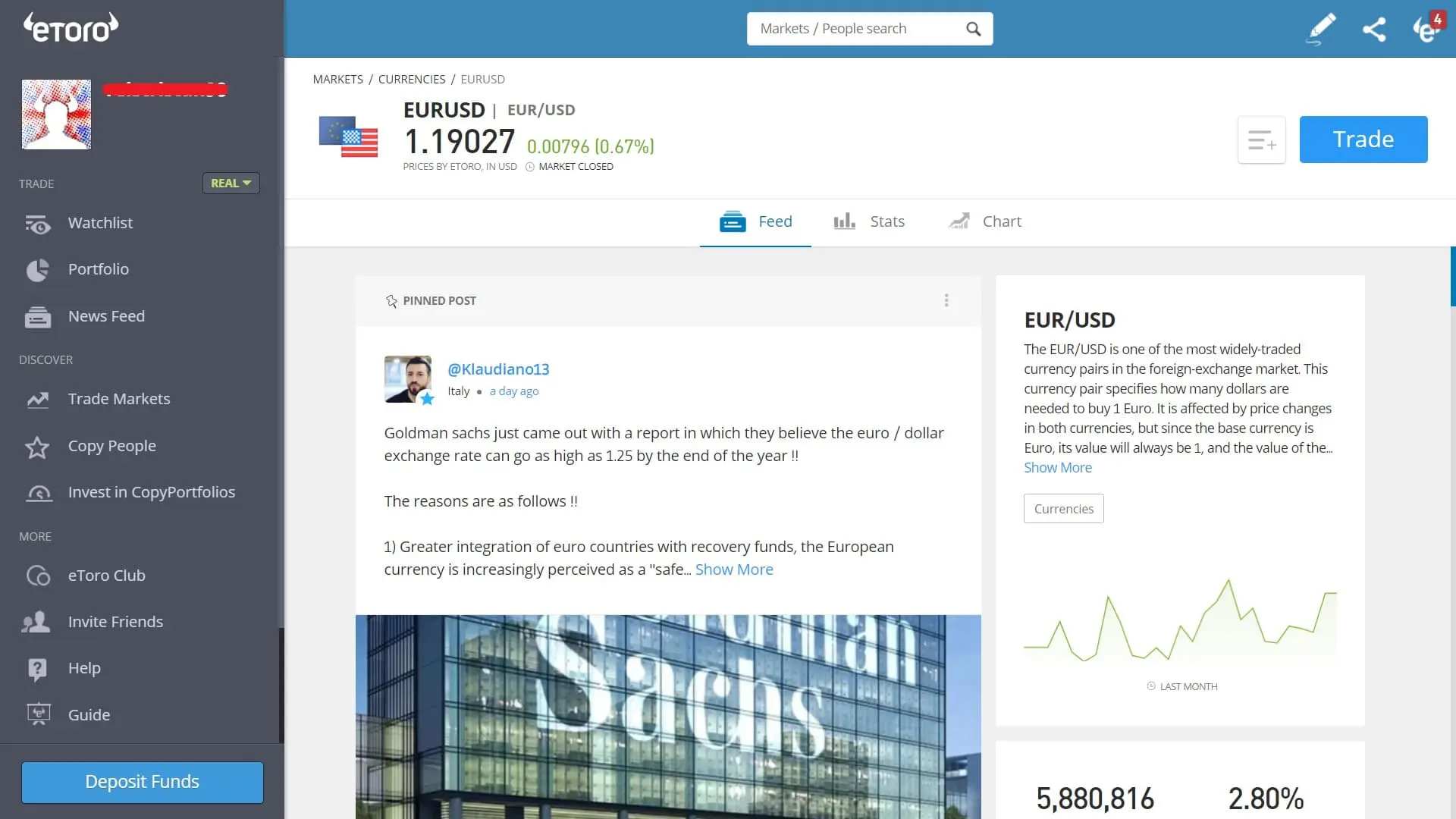 EUR/USD trading on eToro's platform