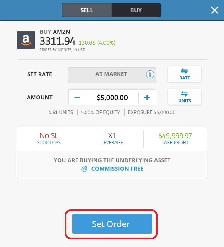 Executing order on eToro's platform
