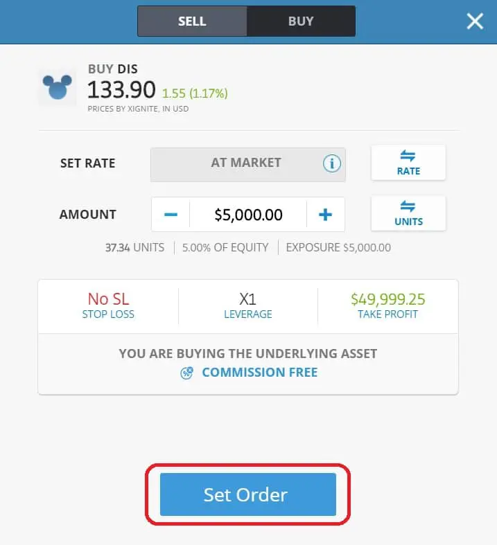 Executing order on eToro's platform Disney