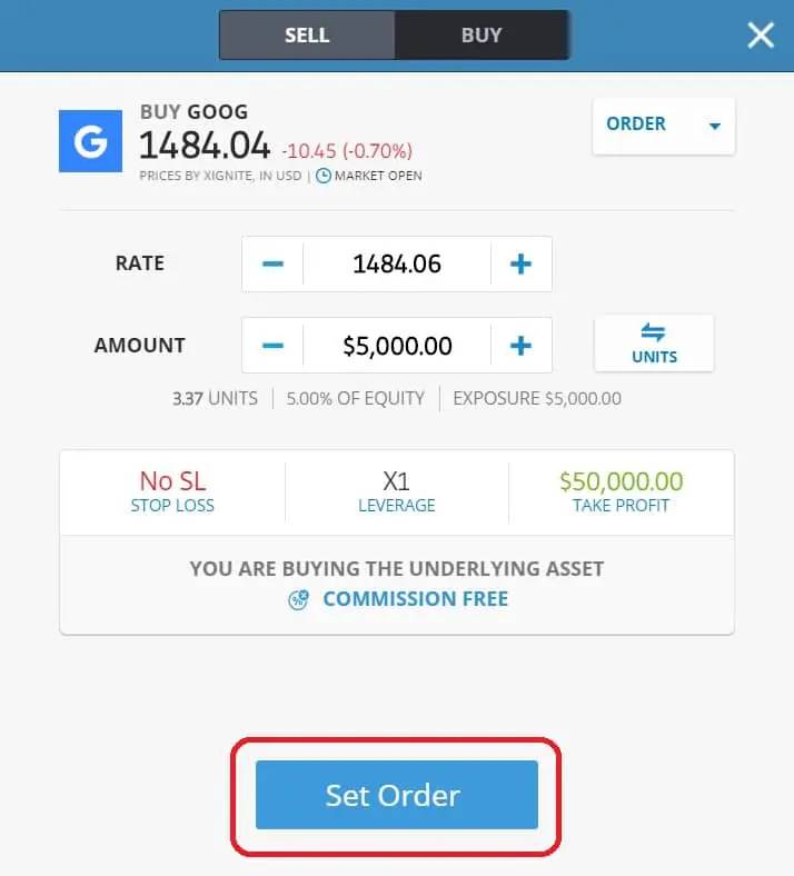 Executing order on eToro's platform
