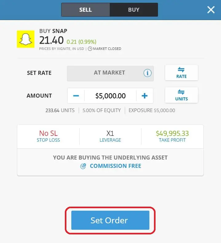 Executing order on eToro's platform Snapchat