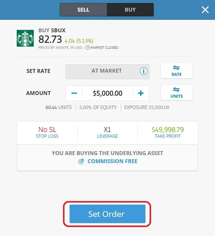 Executing order on eToro's platform Starbucks
