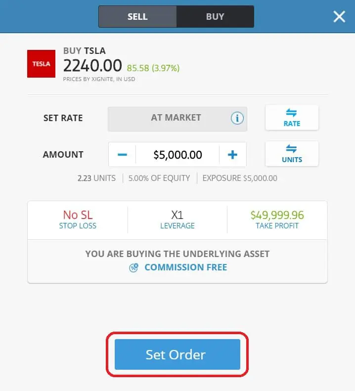 Executing order on eToro's platform Tesla