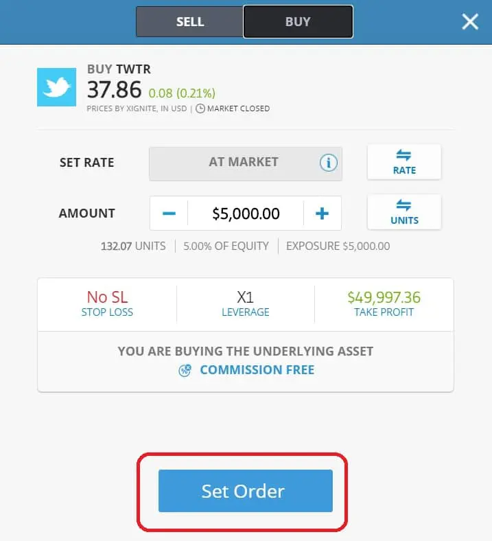 Executing order on eToro's platform