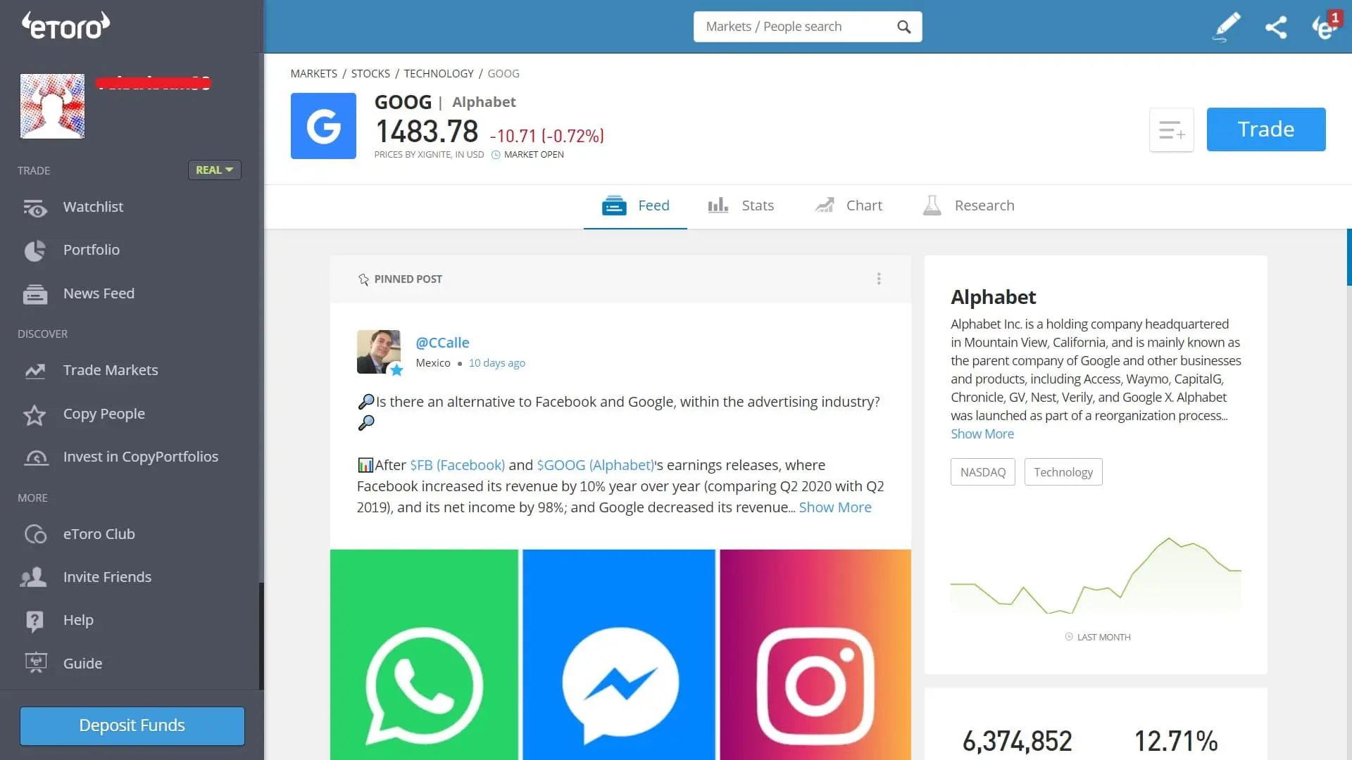 Google stock trading on eToro's platform